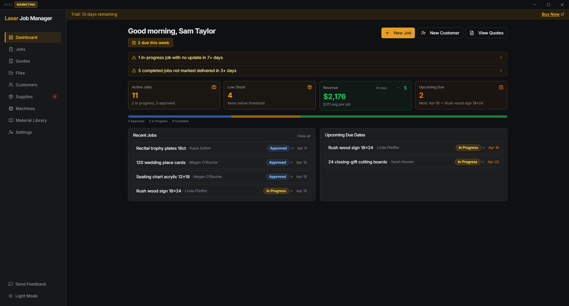 Laser Job Manager dashboard showing active jobs, revenue, pipeline, and upcoming due dates