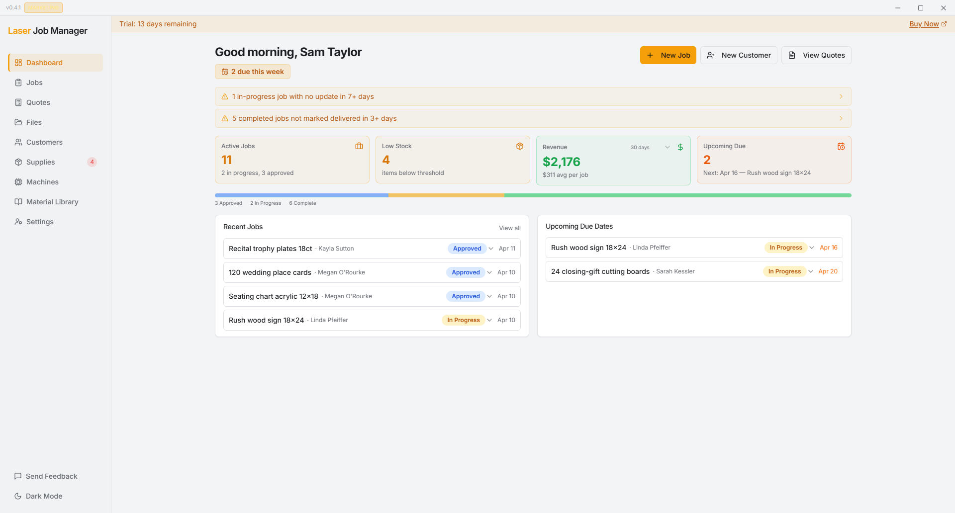 Laser Job Manager dashboard showing active jobs, revenue, pipeline, and upcoming due dates