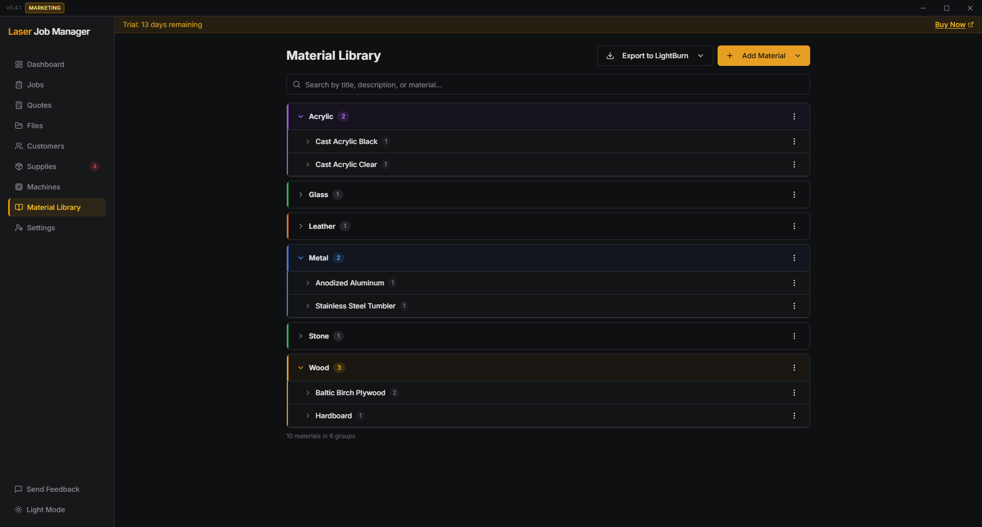 Material Cut-Settings Library