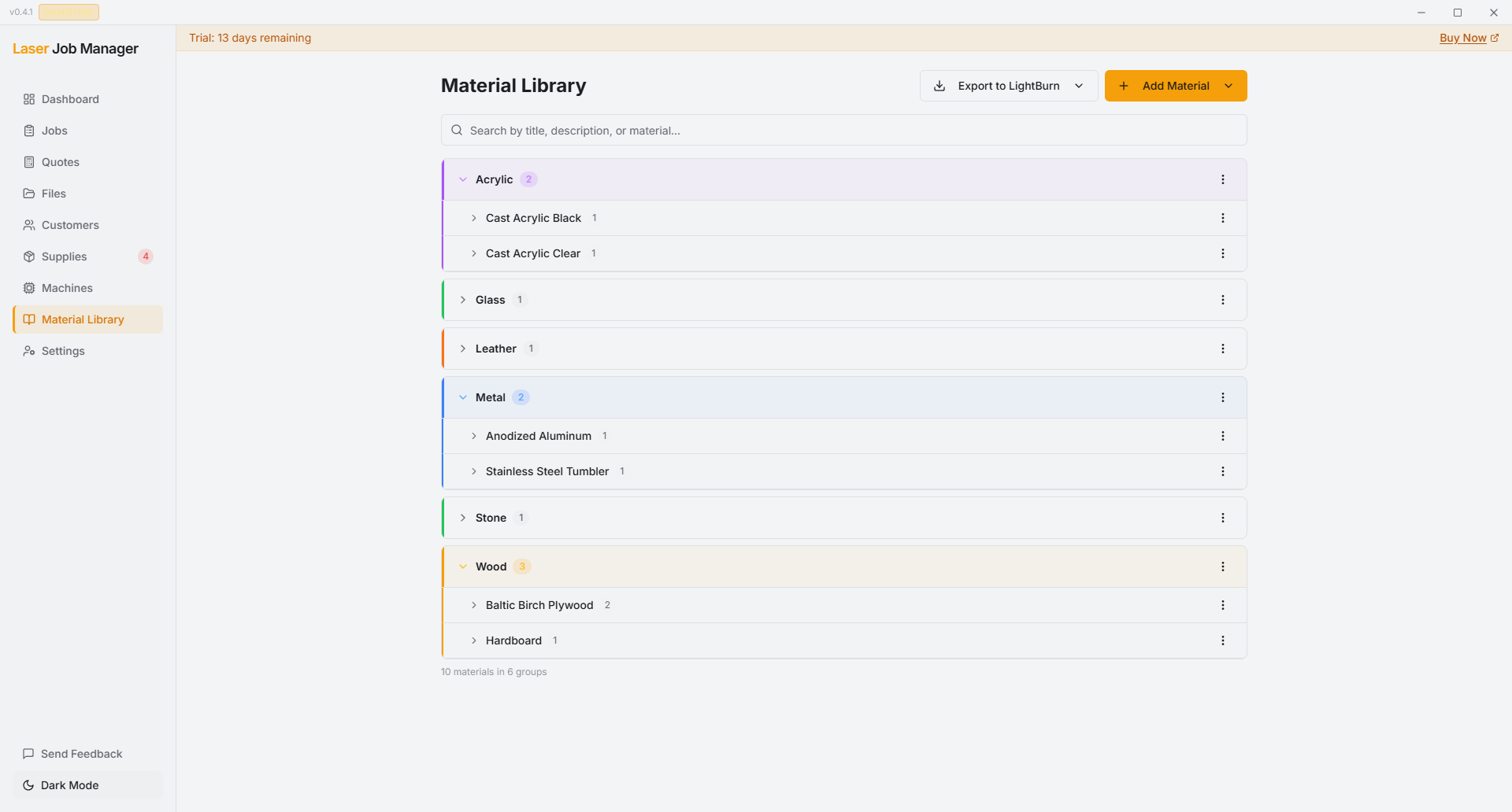 Material Cut-Settings Library